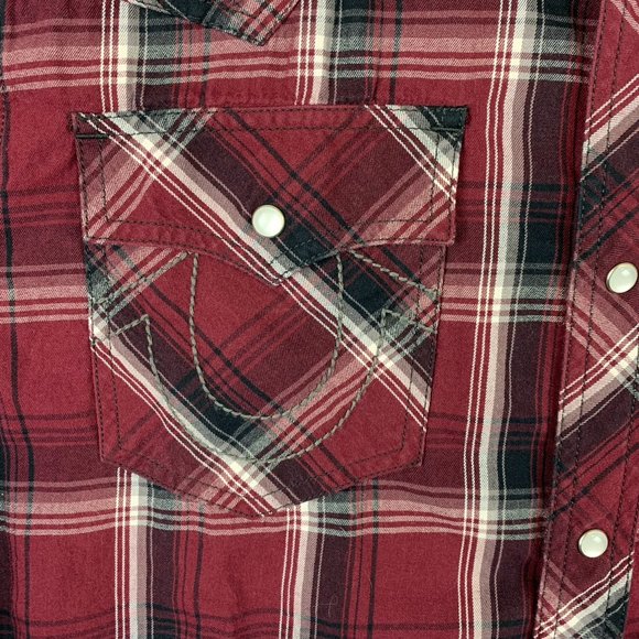 True Religion Men Shirt 2XL Red Plaid Western Snap Button Up Long Sleeve Pockets - Picture 3 of 10